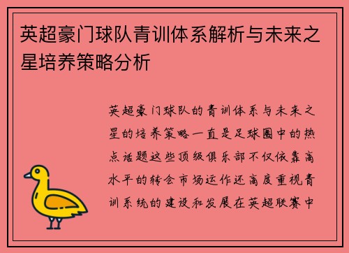 英超豪门球队青训体系解析与未来之星培养策略分析