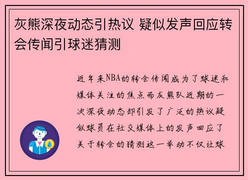 灰熊深夜动态引热议 疑似发声回应转会传闻引球迷猜测