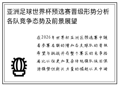 亚洲足球世界杯预选赛晋级形势分析各队竞争态势及前景展望